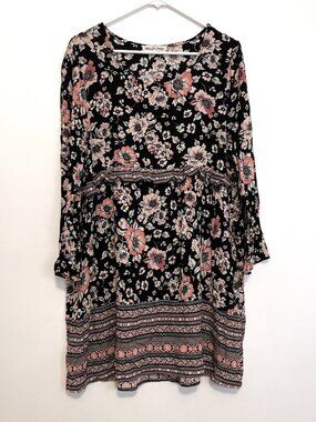 WALLFLOWER Black Pink Floral Striped Border Print Long Sleeve Boho Shift Dress
